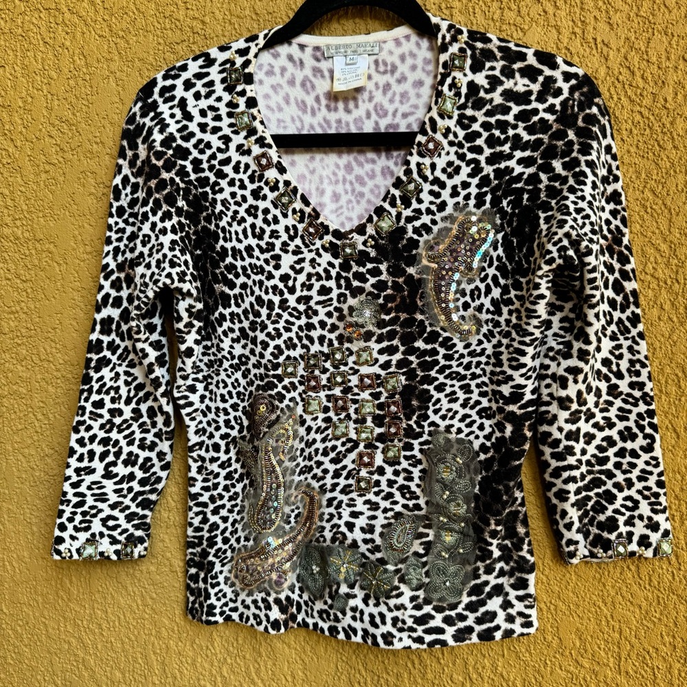 Alberto Makali Beaded Embellished Leopard Print Vintage Animal Sweater Sz M